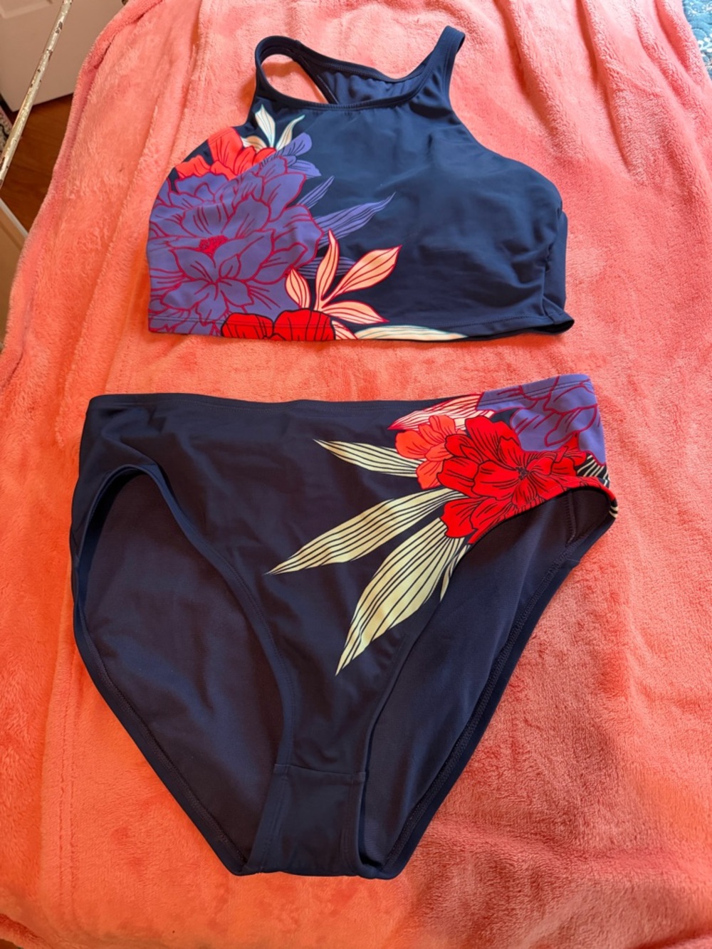 Avia Navy Swim Bottoms with Red & Purple Floral Accent